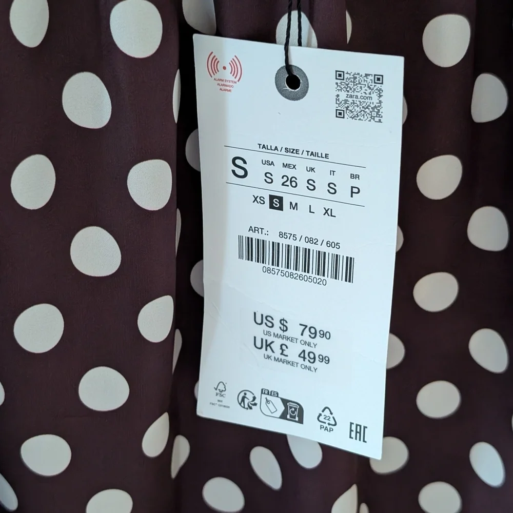 NWT Zara Polka Dot Midi Skirt In Burgundy - S